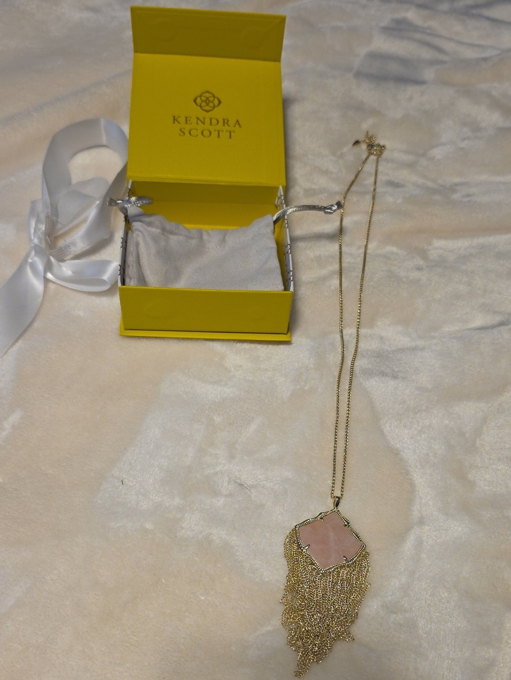 Kendra Scott Gold Necklace with Blush Pink Stone and Chain Fringe